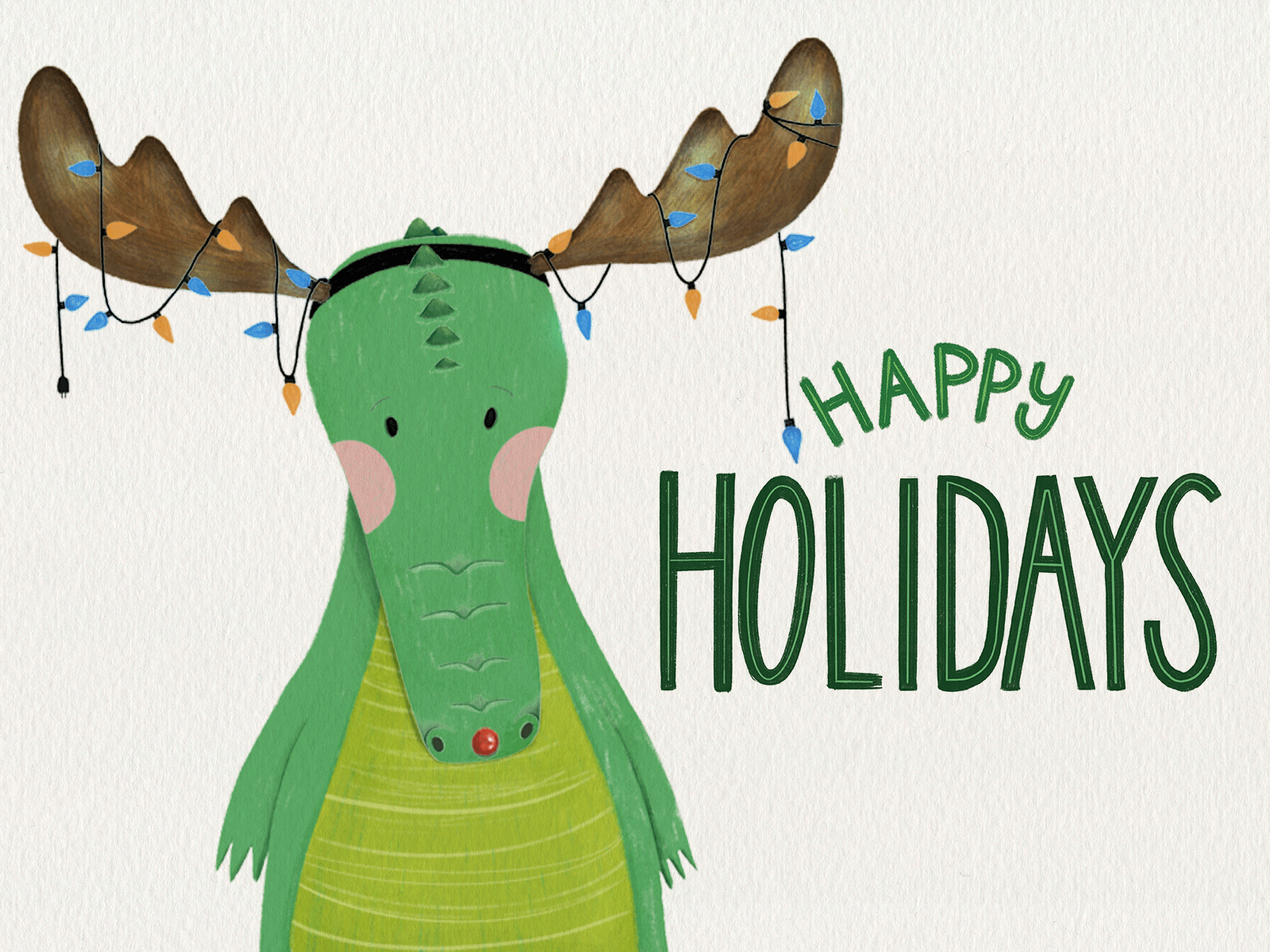 Alligator with deer antlers on with the text, "Happy Holidays"
